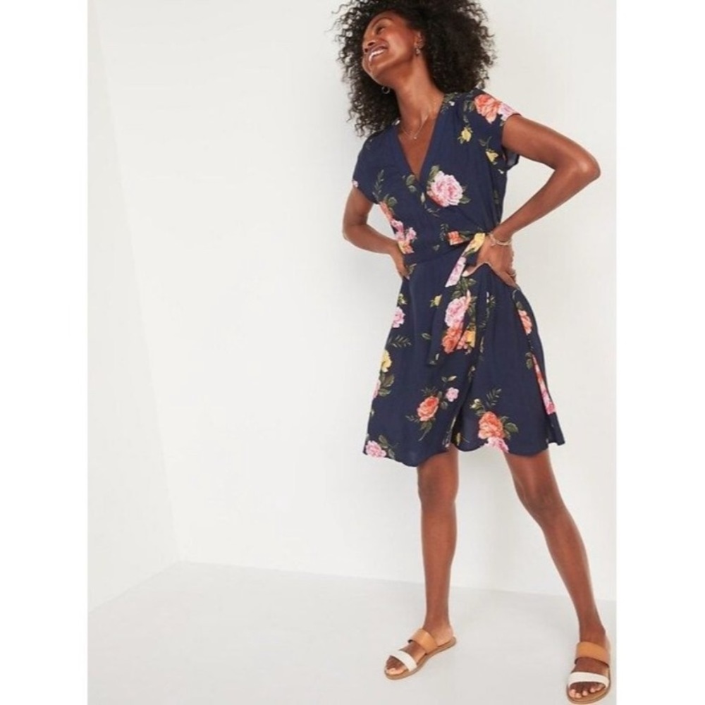 Navy Floral Wrap Dress with V-Neck